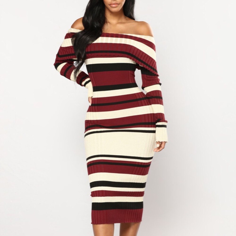 Striped Off The Shoulder Sweater Bodycon Dress